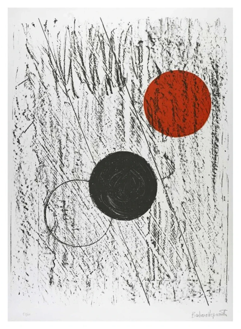 Abstract modern print with black and red circular forms