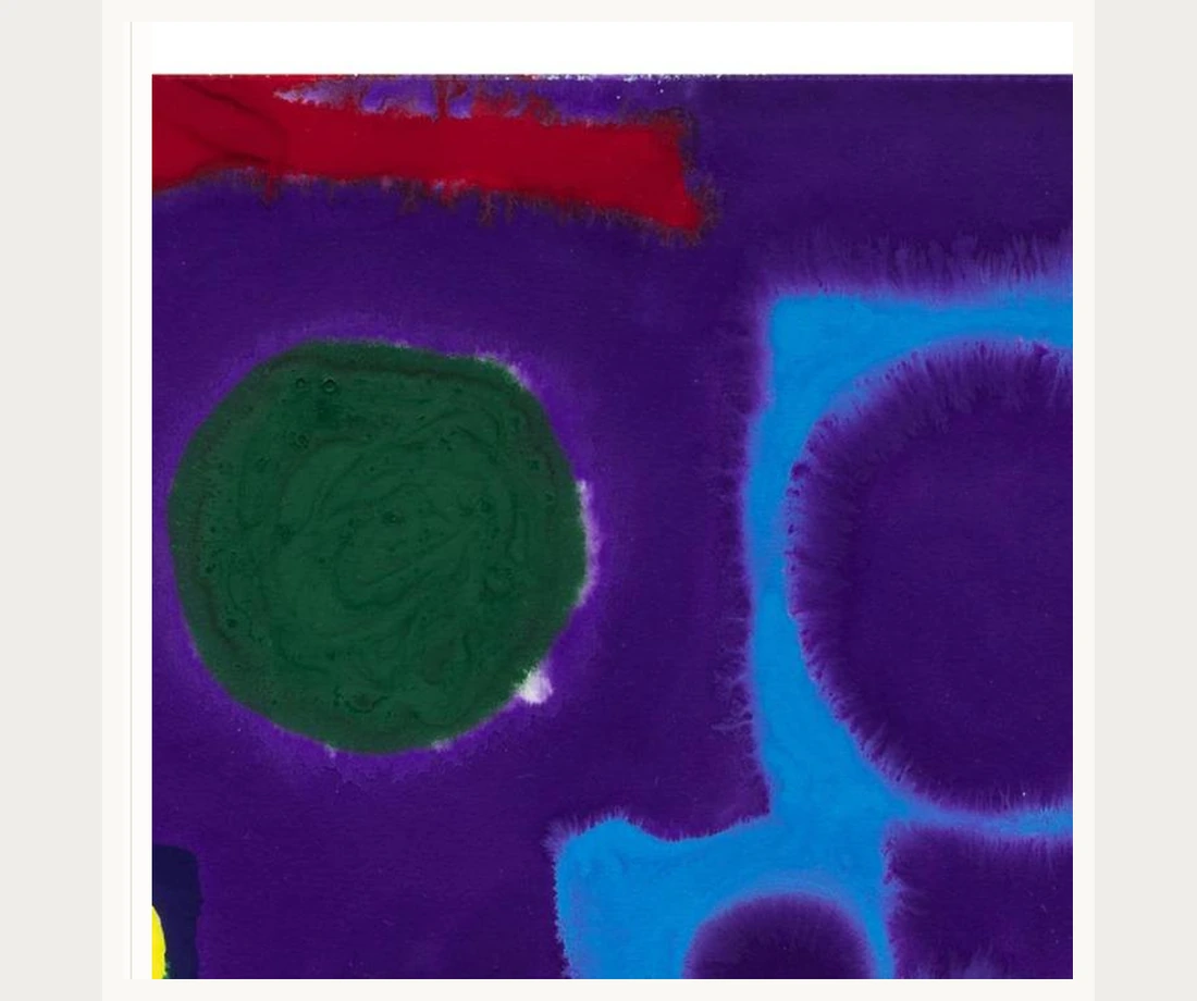 Purple, blue and green abstract work shown as a supporting hospitality direction