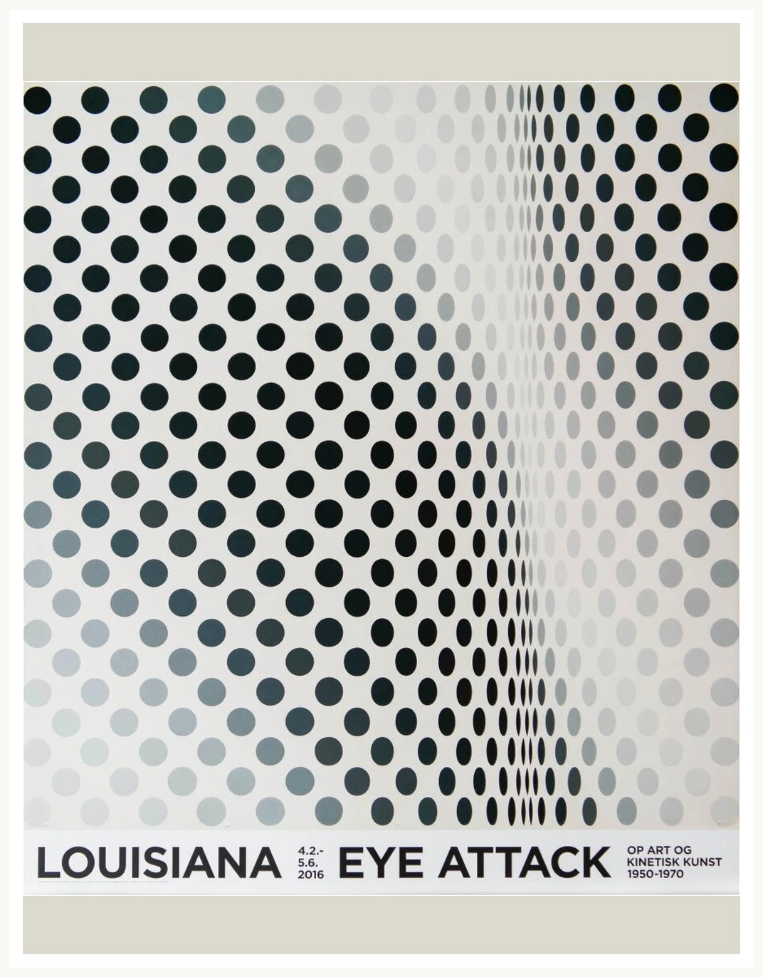 Black and grey optical poster shown as a supporting work