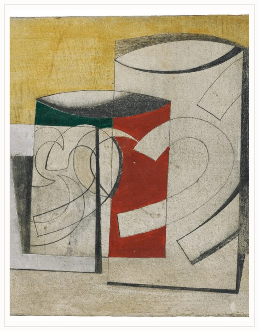Structured modern abstract work in red, ochre and charcoal